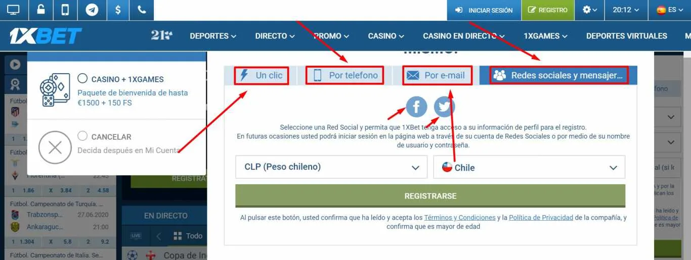 Posibilidades de registro 1xBet Chile